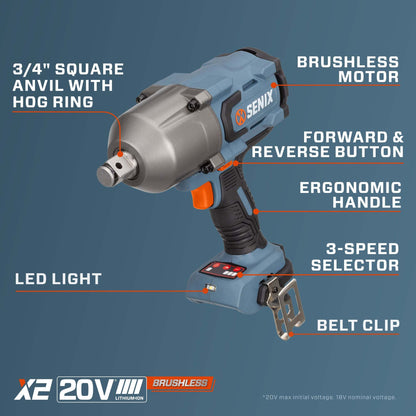 X2 20V Max* 3/4" Cordless Impact Wrench with 1100 ft-lbs of Max Torque | Power Tools | X2 20V Max* | SENIX Tools