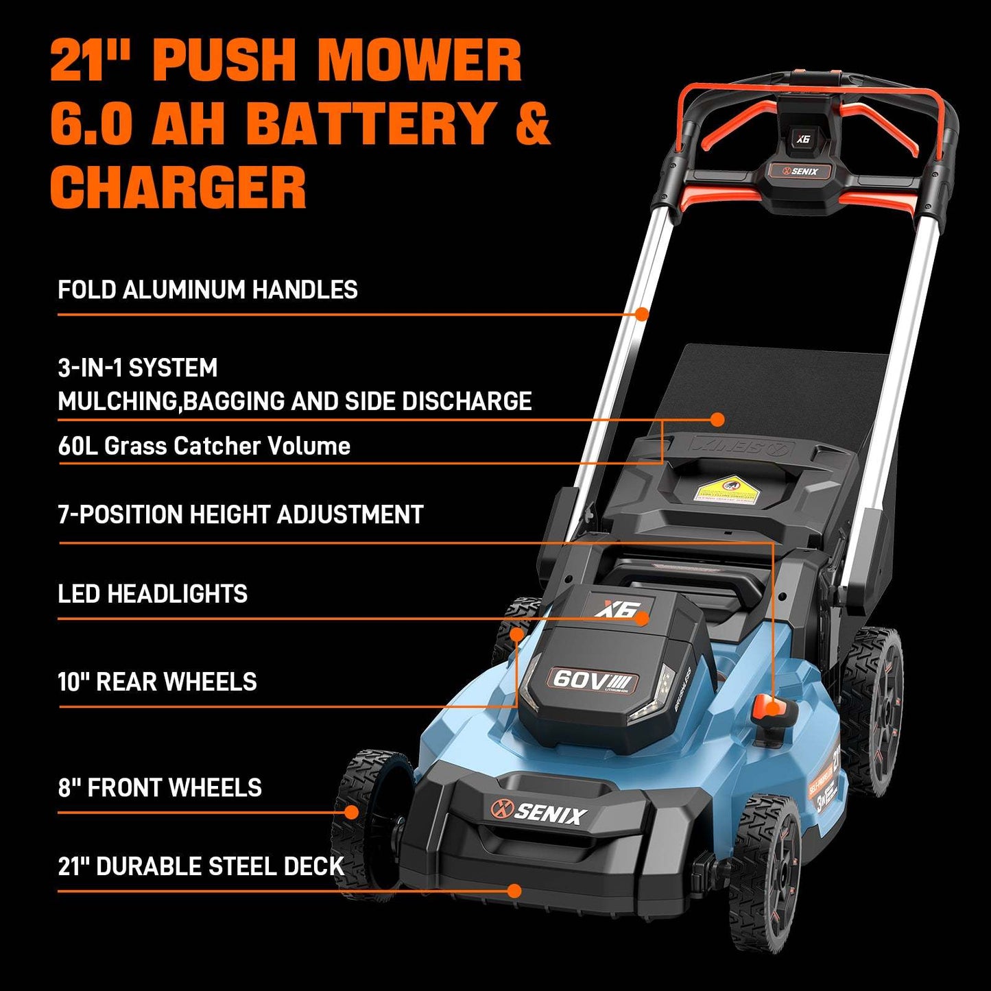 X6 60V Max* 21" Cordless Push Lawn Mower, Brushless (6.0 Ah Battery &  | Lawn Mowers | SENIX Tools