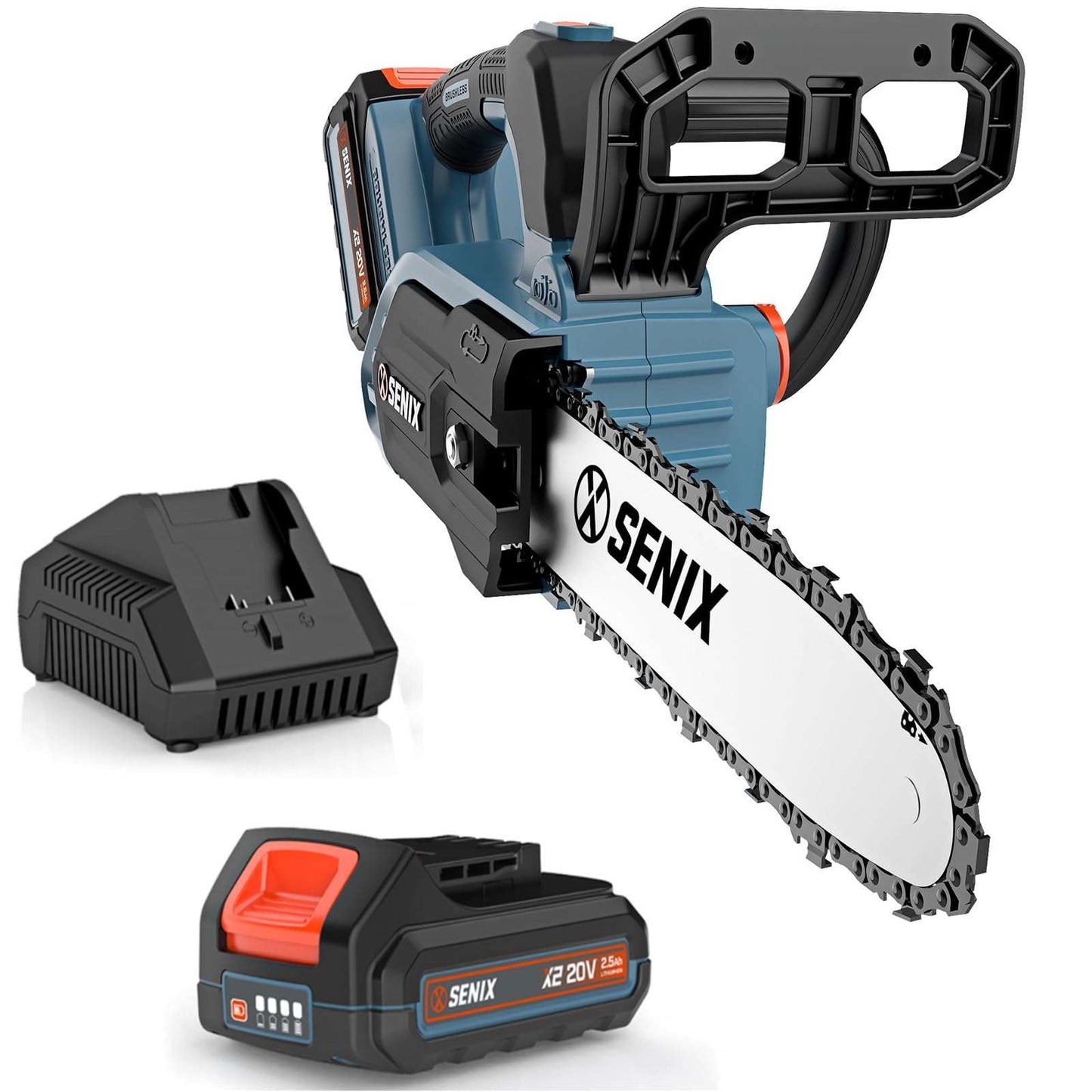 X2 20V Max* 10" Cordless Chainsaw, Brushless (2.5 Ah Battery & Charger | Chainsaws | X2 20V Max 10" Cordless Chainsaw | SENIX Tools