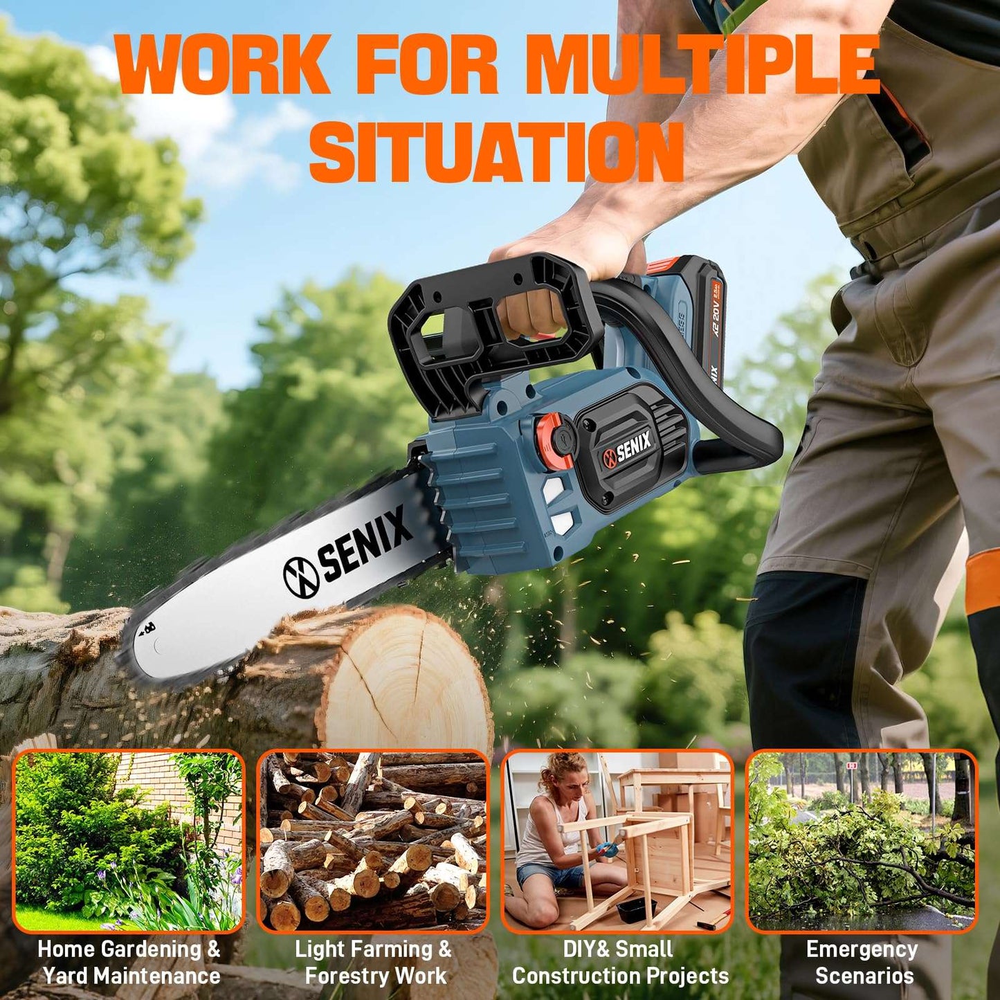 X2 20V Max* 10" Cordless Chainsaw, Brushless (2.5 Ah Battery & Charger | Chainsaws | X2 20V Max 10" Cordless Chainsaw | SENIX Tools