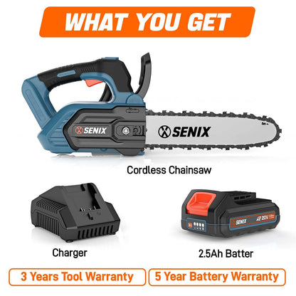 X2 20V Max* 10" Cordless Chainsaw, Brushless (2.5 Ah Battery & Charger | Chainsaws | X2 20V Max 10" Cordless Chainsaw | SENIX Tools